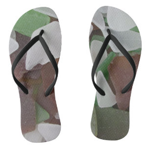 Beautiful Beach Sea Glass White Brown Green Flip Flops