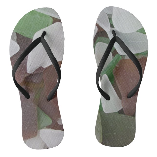 Beautiful Beach Sea Glass White Brown Green Flip Flops (Footbed)
