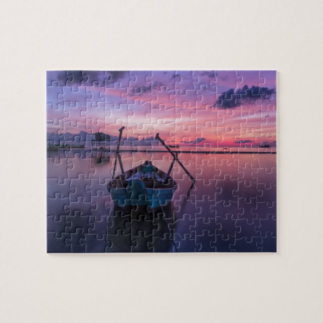 Beautiful Beach Sunset with Paddle Boat Purple Sky Jigsaw Puzzle (Horizontal)