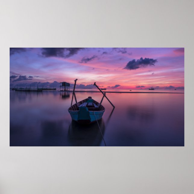 Beautiful Beach Sunset with Paddle Boat Purple Sky Poster (Front)