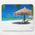 Beautiful Beach with Turquoise Water, White Sand Mouse Mat<br><div class="desc">For those who love the beach. Beautiful tropical beach with turquoise blue water,  white sand and blue sky. Straw umbrella over white lounge chairs. Palm trees in the distance. Paradise!</div>