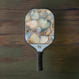 Beautiful Beachy Watercolor Sea Shells Monogram Pickleball Paddle