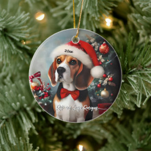 Beautiful Beagle with Santa Hat Ceramic Tree Decoration