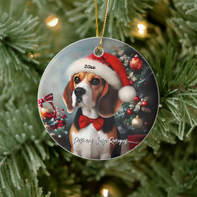 Beautiful Beagle with Santa Hat Ceramic Tree Decoration (Tree)