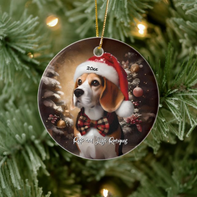 Beautiful Beagle with Santa Hat Ceramic Tree Decoration (Tree)