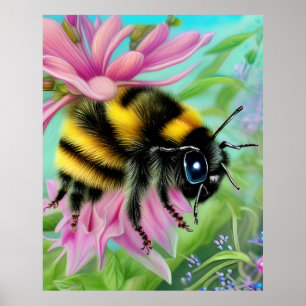 Beautiful Bee on a Pink Flower Close up Poster