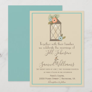 Beautiful Beige and Blue Candle Lantern Wedding Invitation