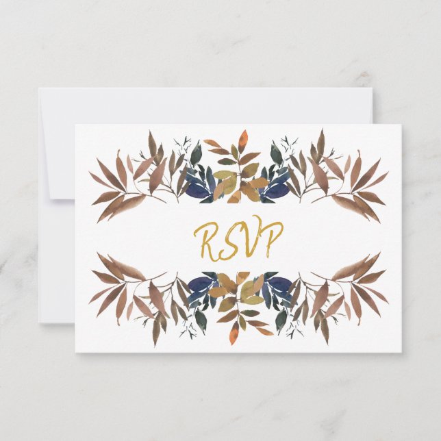 Beautiful Beige Blue Gold Foliage Wedding  RSVP Card (Front)