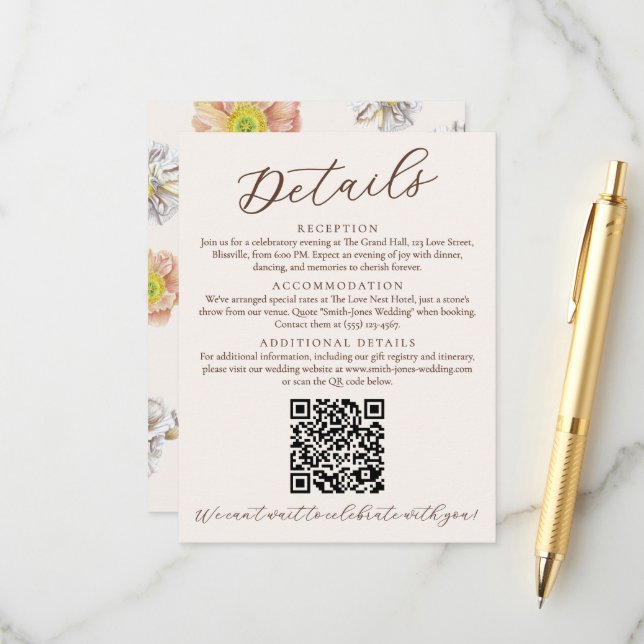 Beautiful Beige Floral Wedding Details and QR Code Enclosure Card (Front/Back In Situ)