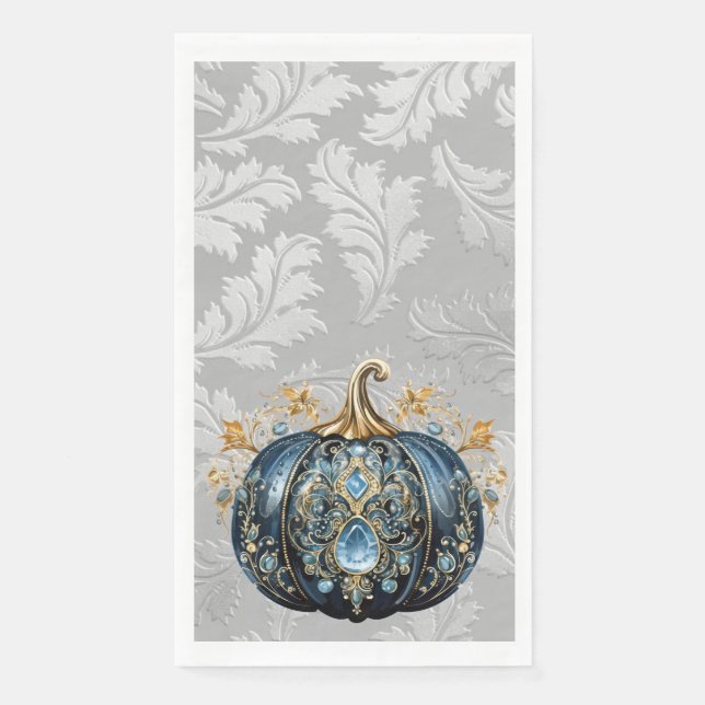 Beautiful bejeweled blue and gold pumpkin napkin (Front)