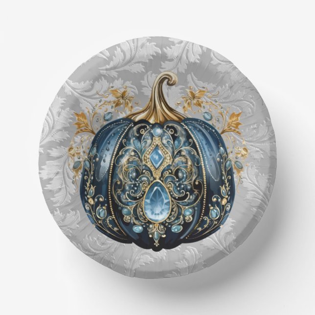Beautiful bejeweled blue and gold pumpkin paper plate (Front)
