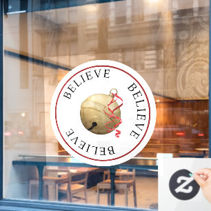 Beautiful BELIEVE Jingle Bell on White Christmas  Window Cling