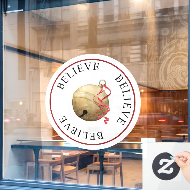 Beautiful BELIEVE Jingle Bell on White Christmas  Window Cling (Cafe Window)