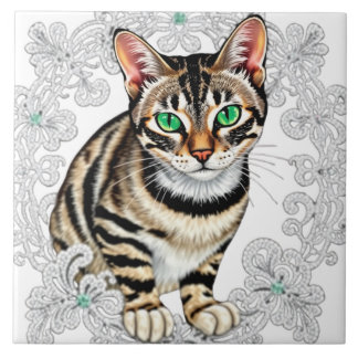 Beautiful Bengal Cat in Lace Background Tile