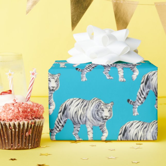 Beautiful Bengal White Tiger Blue Pattern Wrapping Paper (Birthday Party)