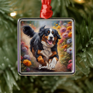 Beautiful Bernese Mountain Dog & Flowers Metal Tree Decoration