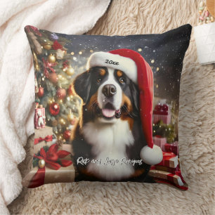 Beautiful Bernese Mountain Dog with Santa Hat Cushion