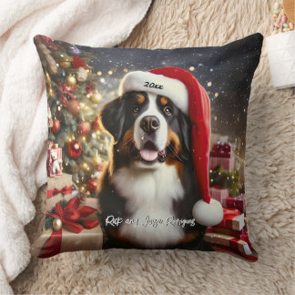 Beautiful Bernese Mountain Dog with Santa Hat Cushion