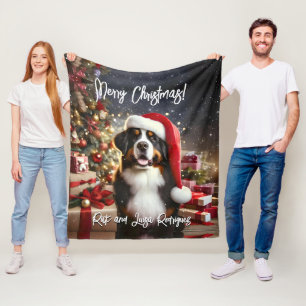 Beautiful Bernese Mountain Dog with Santa Hat Fleece Blanket
