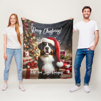 Beautiful Bernese Mountain Dog with Santa Hat Fleece Blanket