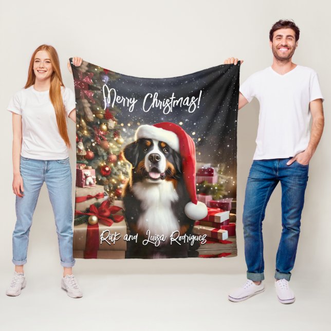 Beautiful Bernese Mountain Dog with Santa Hat Fleece Blanket (In Situ)