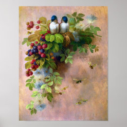 Beautiful Berry Vines and Blue Birds Poster