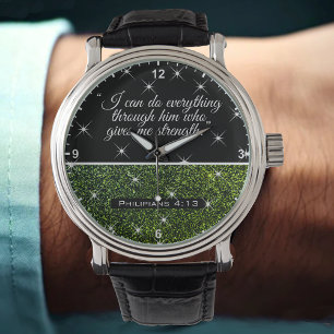 Beautiful Bible Verse Text Green Glitter Stars Watch