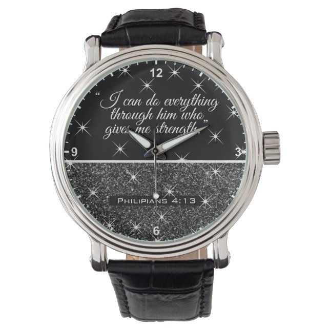 Beautiful Bible Verse Text Silver Glitter Stars  Watch (Front)