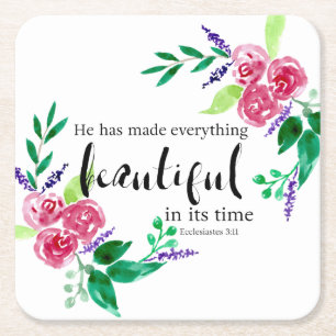 Beautiful Bible Verse Watercolor Floral Lettering Square Paper Coaster