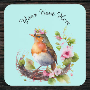 Beautiful Bird on Branches with Flowers Monogram Coaster