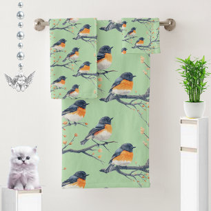 Beautiful Bird Pattern on Light Mint Green Bath Towel Set