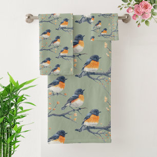 Beautiful Bird Pattern on Sage Green Bath Towel Set