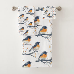 Beautiful Bird Pattern on White Bath Towel Set