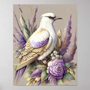 Beautiful Bird Print Feathers Lavender Ivory Gold