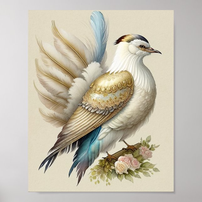 Beautiful Bird Print Feathers Soft Neutrals Roses (Front)