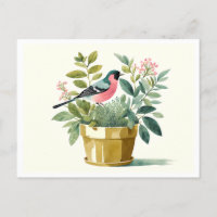 Beautiful Bird Sitting in a Flower Pot, Watercolor