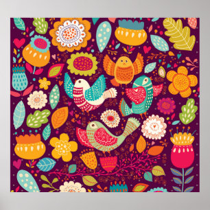 Beautiful birds, flowers, artistic poster