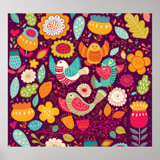 Beautiful birds, flowers, artistic poster