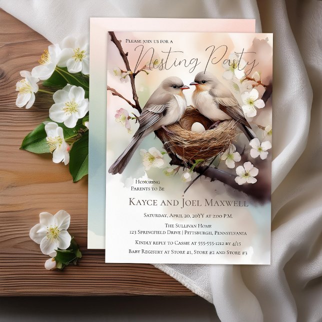 Beautiful Birds Nesting Party Neutral Baby Shower Invitation (Beautiful Birds In Nest "Nesting Party" Gender Neutral Baby Shower Invitation - Print | Download)