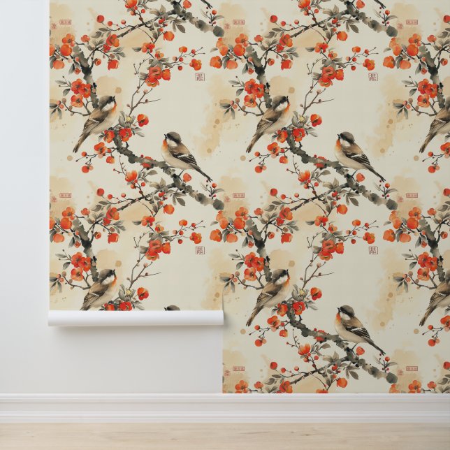 Beautiful Birds Red Black Asian Rustic Wallpaper (Application)
