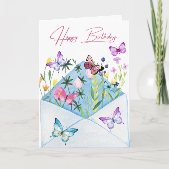 Beautiful Birthday Card with Flowers & Butterflies (Front)
