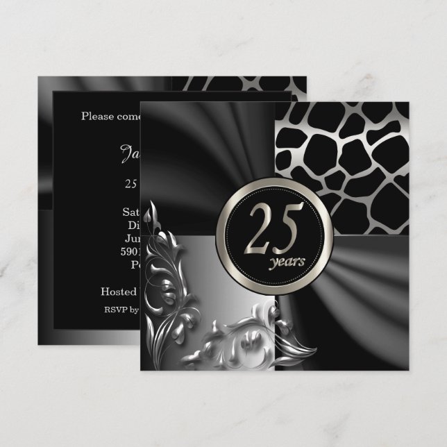 Beautiful Black 25th Anniversary Party Invitation (Front/Back)