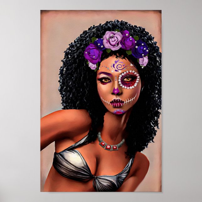 Beautiful Black African Woman Day Of the Dead Art Poster (Front)