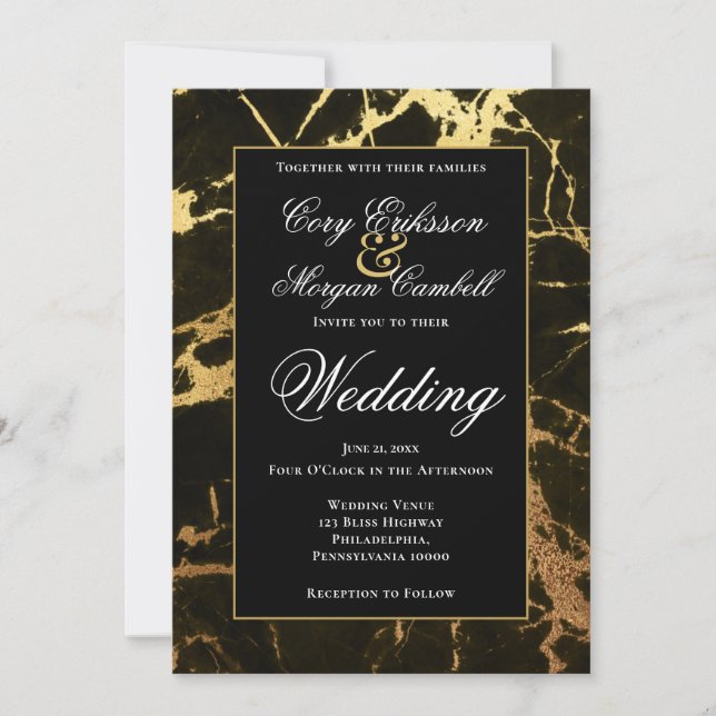 Beautiful Black And Gold Marbling Wedding Announcement (Front)