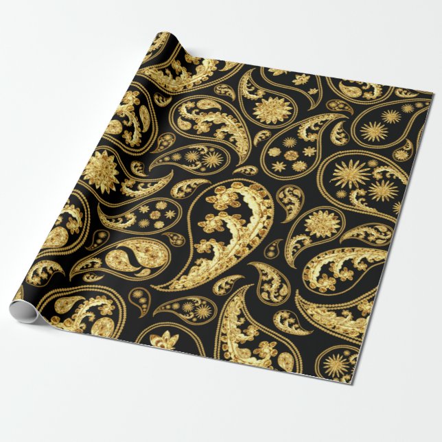 Beautiful Black and Gold Paisley Pattern Wrapping Paper (Unrolled)
