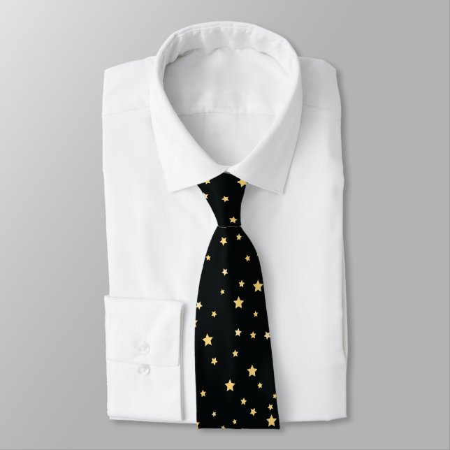 Beautiful Black and Gold Starry Sky Star Pattern Tie (Tied)