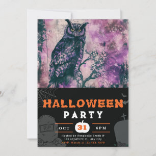 Beautiful Black and Purple Owl Black Halloween Invitation