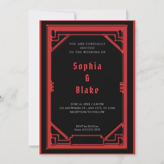 Beautiful Black and Red Art Deco Wedding Invitation (Front)