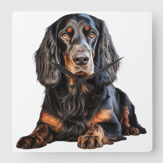 BEAUTIFUL BLACK AND TAN GORDON SETTER DOG SQUARE WALL CLOCK (Front)