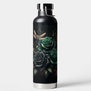Beautiful Black and Teal Roses with a Dragonfly Water Bottle